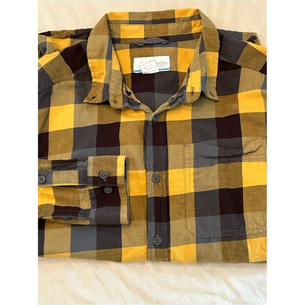 Columbia Shirt Mens Medium M Yellow Gray Plaid Flannel Long Sleeve Cotton Casual
